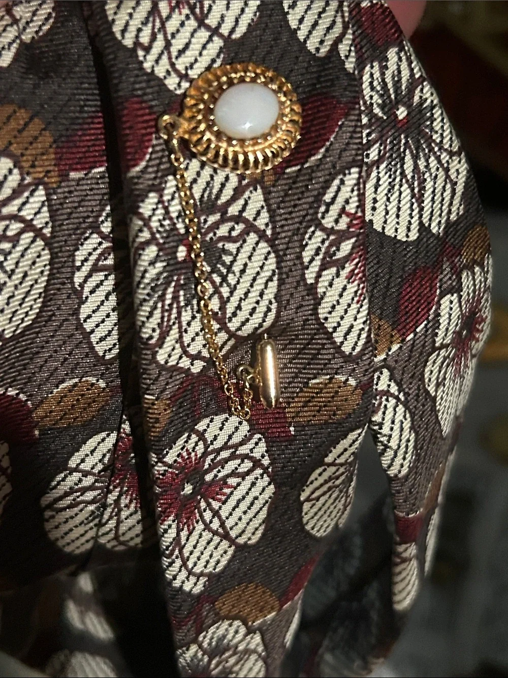 Gold and White Oval Stick Pin Brooch Lapel Pin Gorgeous RARE Chain Attached